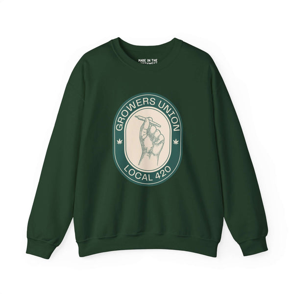 Grower's Union Local 420 green sweatshirt with hand holding joint design, celebrating 420 culture.