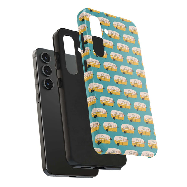 Happy Camper tough phone case with vintage camper design in blue, ideal for travel enthusiasts and adventure lovers.
