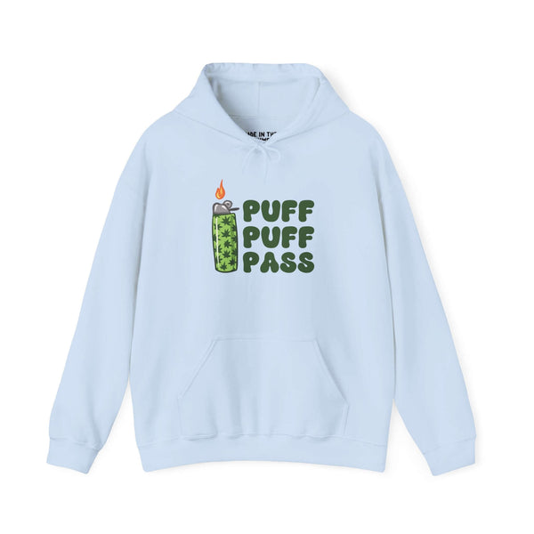 Light blue hoodie with Puff Puff Pass graphic and lighter design for cannabis enthusiasts.