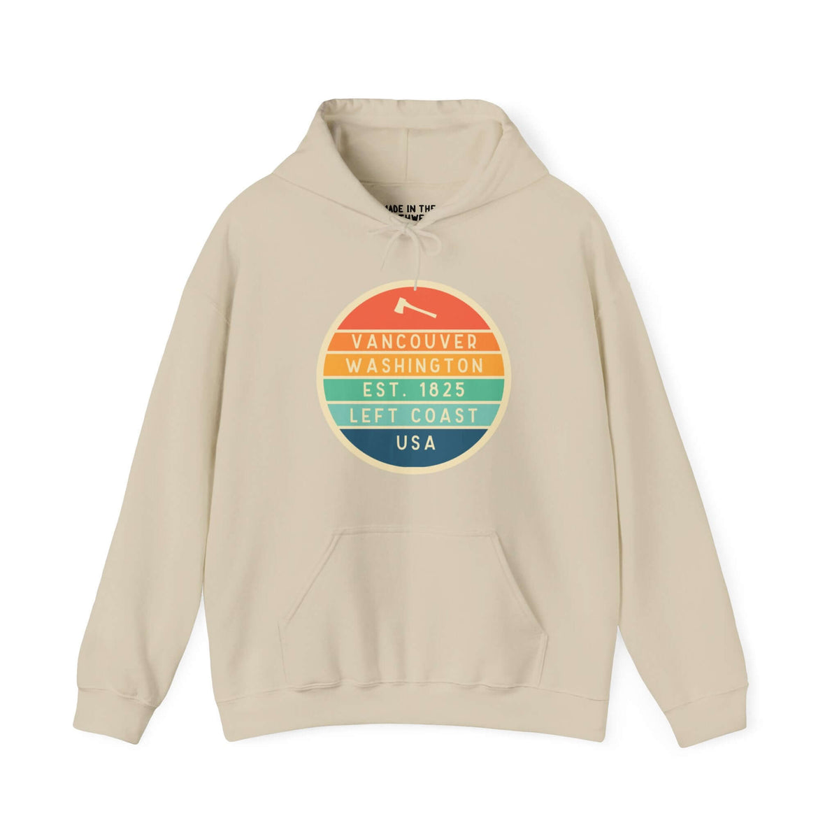 Beige hoodie with colorful circular logo reading "Vancouver, Washington, Est. 1825, Left Coast, USA" highlighting Pacific Northwest pride.