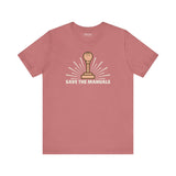 Save the Manuals T Shirt featuring a gearshift graphic celebrating manual transmission driving.
