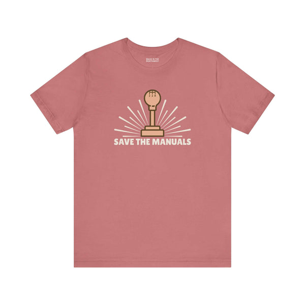 Save the Manuals T Shirt featuring a gearshift graphic celebrating manual transmission driving.