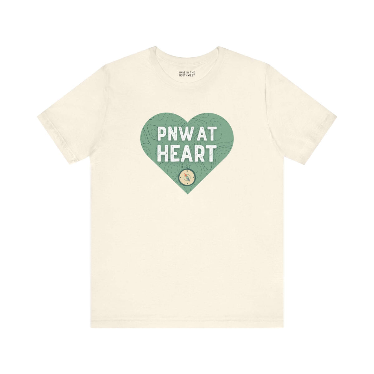 "PNW at Heart Compass Soft Tee with heart and compass design showcasing Pacific Northwest pride."