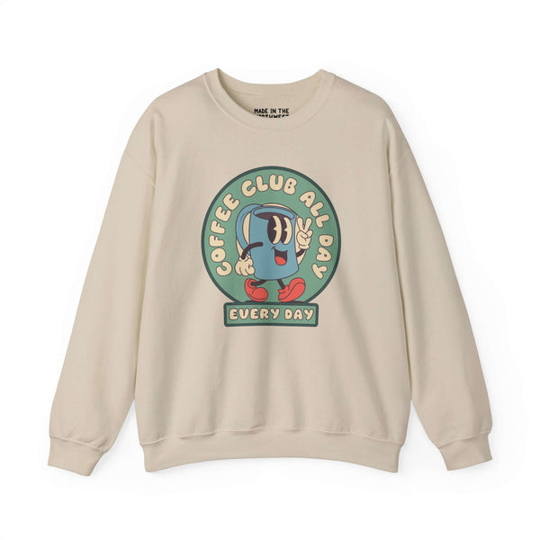 Coffee Club All Day Every Day sweatshirt with vibrant logo design on beige fabric, symbolizing love for coffee.