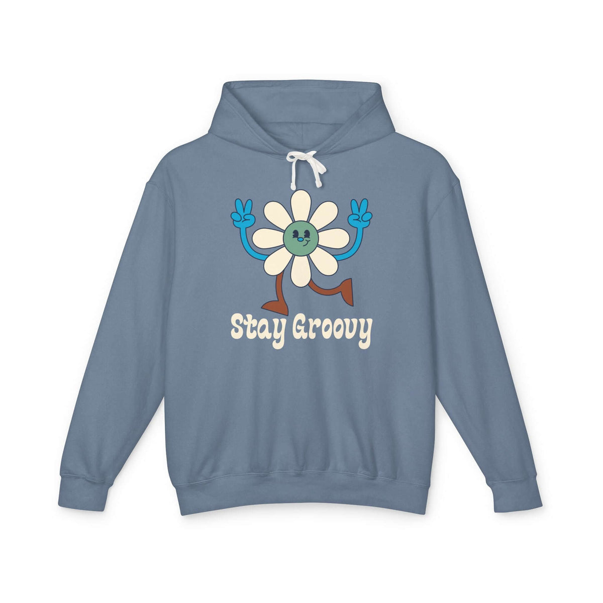 Stay Groovy hoodie featuring a retro daisy character and playful peace signs on a blue sweatshirt.