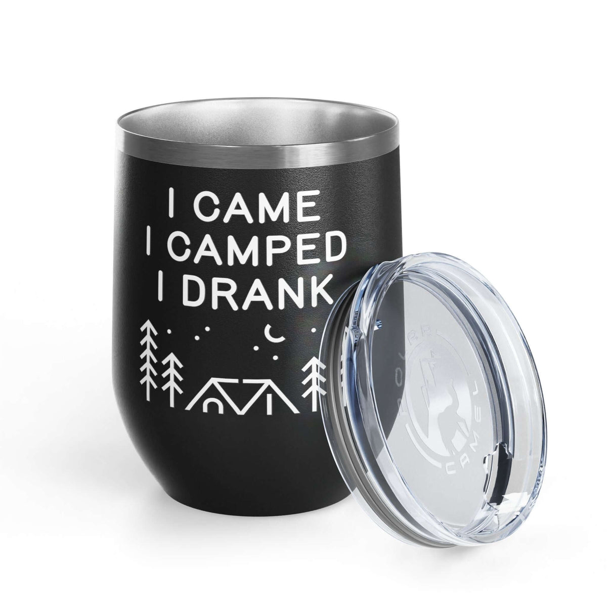 I Came, I Camped, I Drank Camping  Outdoor Wine Tumbler 12 oz with clear lid, perfect for outdoor adventures.