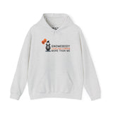 Gnomebody Loves Halloween More Than Me hoodie featuring a skeleton gnome with Halloween balloons, perfect for the spooky season.