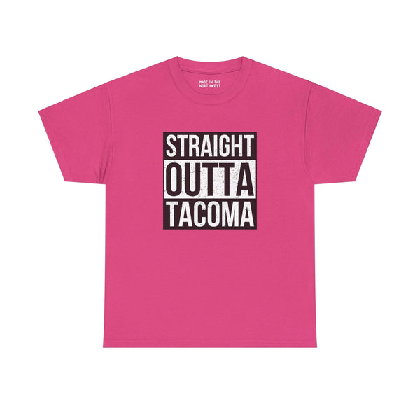 Pink "Straight Outta Tacoma" athletic tee with bold text design, showcasing Tacoma pride in classic streetwear style.