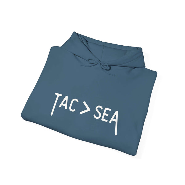 Tacoma over Seattle hoodie featuring bold 'TAC > SEA' design in white on a dark blue sweatshirt.