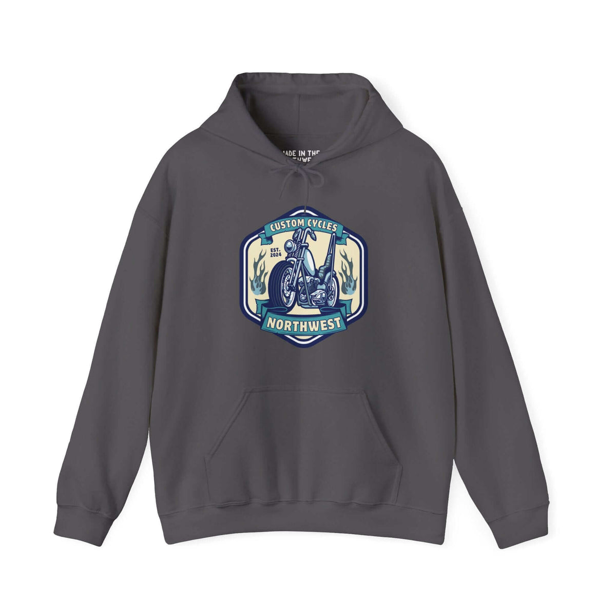 Custom Cycles Northwest hoodie with motorcycle graphic, perfect for motorcycle enthusiasts seeking style and comfort.