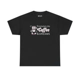 Black athletic tee with 'Running on Coffee and Dreams' graphic featuring a vintage coffee cup illustration.