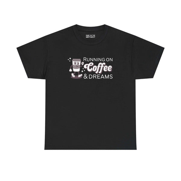 Black athletic tee with 'Running on Coffee and Dreams' graphic featuring a vintage coffee cup illustration.