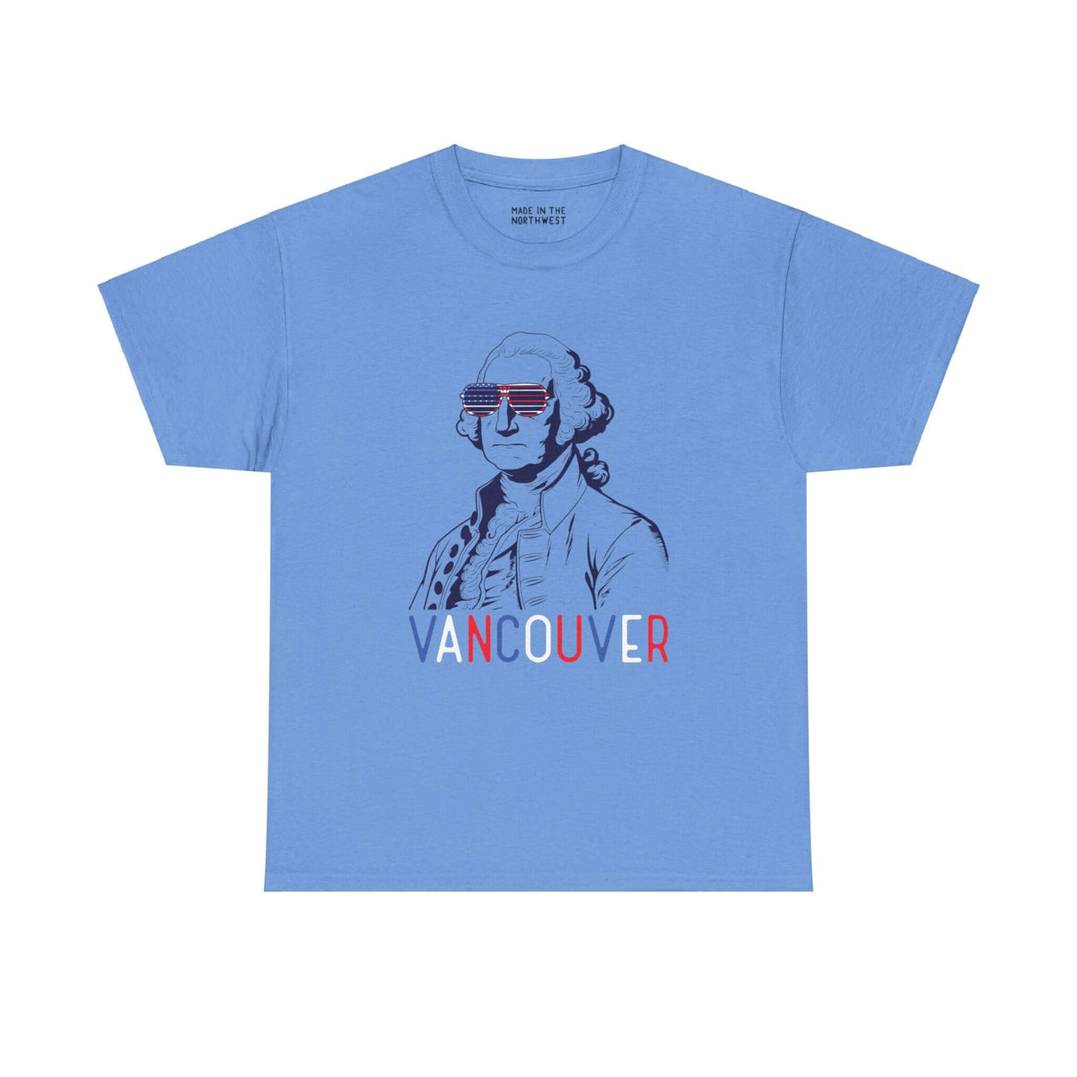 Blue George Washington tee with USA flag sunglasses and Vancouver text, perfect for Fourth of July celebrations and local pride.