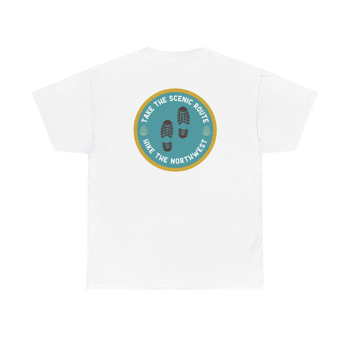 "Back view of white 'Take the Scenic Route - Hike the Northwest' athletic tee featuring scenic trail graphic"