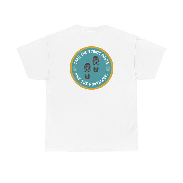 "Back view of white 'Take the Scenic Route - Hike the Northwest' athletic tee featuring scenic trail graphic"