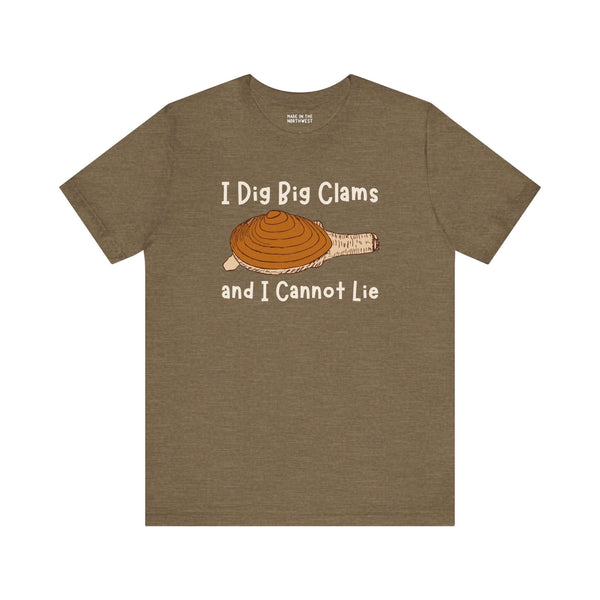 I Dig Big Clams Premium Soft Tee featuring a clam graphic and playful text for seafood lovers.