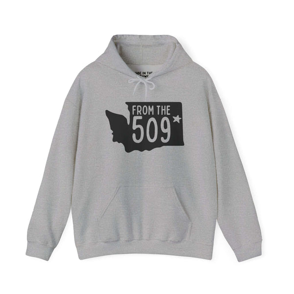 Gray hoodie featuring "From the 509" with Washington state silhouette and Spokane star for local pride.