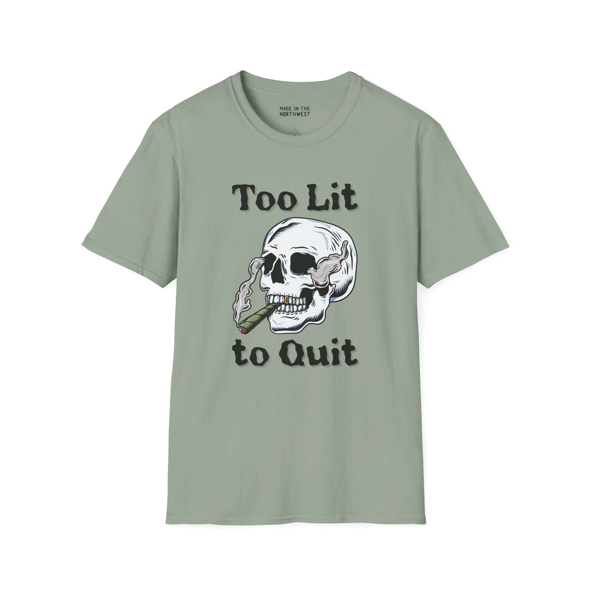 Too Lit to Quit softstyle t-shirt featuring a laid-back skull enjoying a smoke, perfect for chill vibes.