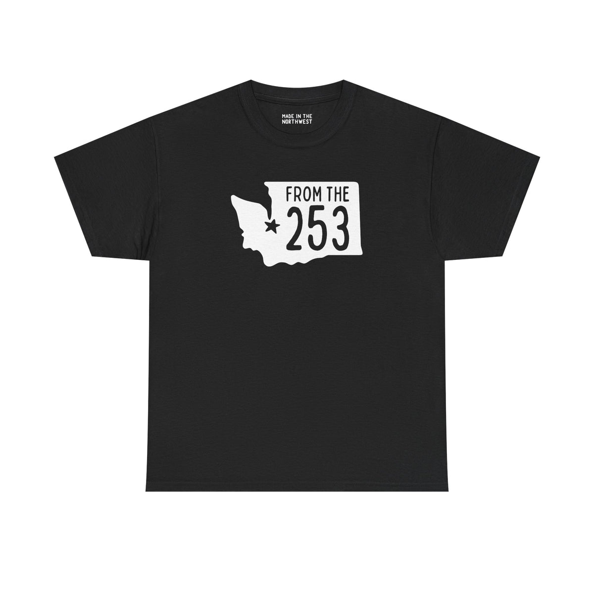 Black From the 253 Washington State Athletic Tee featuring state shape and star on Tacoma.