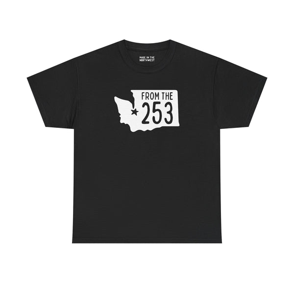 Black From the 253 Washington State Athletic Tee featuring state shape and star on Tacoma.