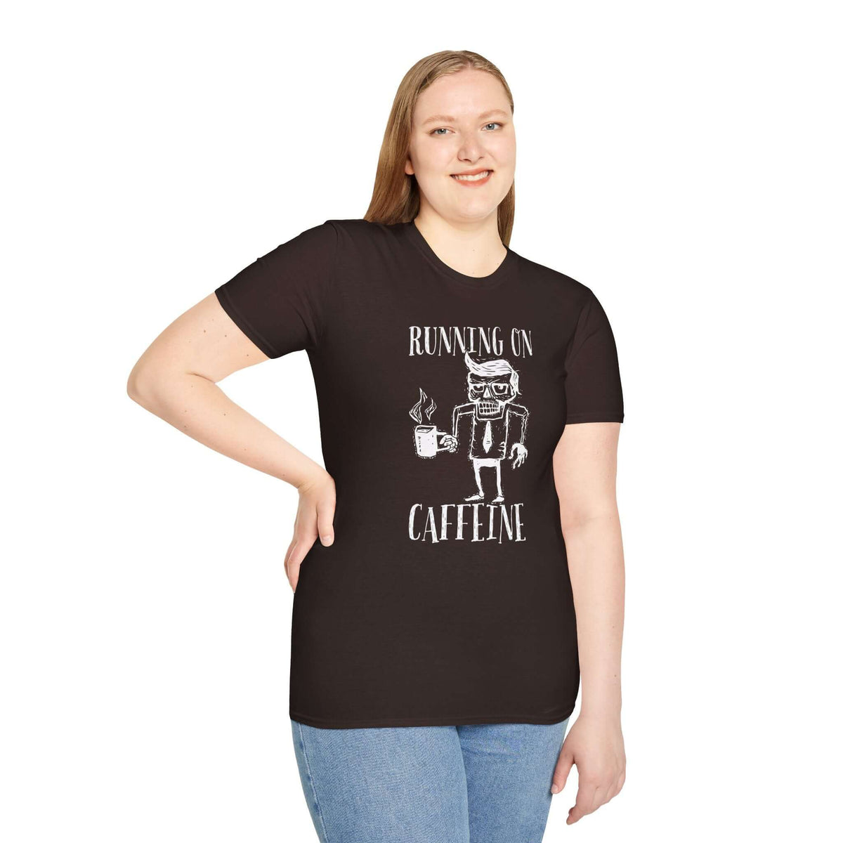Running on Caffeine T Shirt – Funny Coffee Tee worn by a smiling woman, featuring a quirky drawing of a coffee-loving office worker.