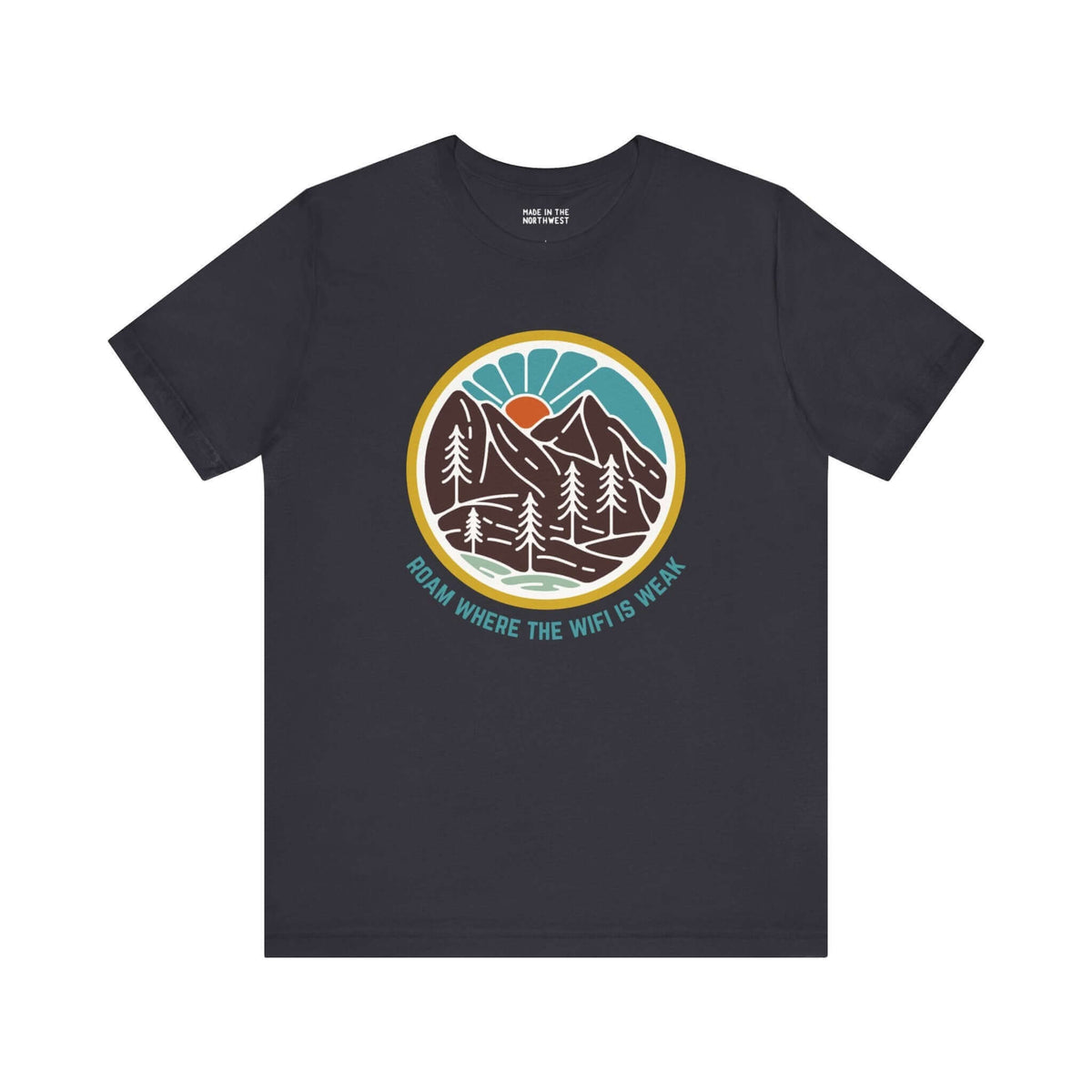 "Roam Where the WiFi is Weak soft hiking tee with forest design on black shirt, ideal for adventure seekers and nature lovers"