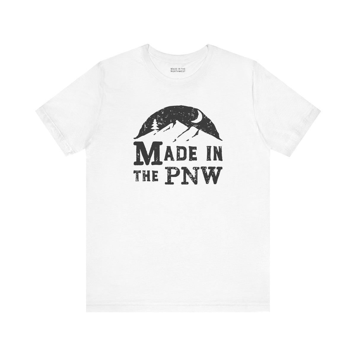 Made in the PNW T shirt featuring a mountain graphic on a white tee, perfect for Pacific Northwest enthusiasts.