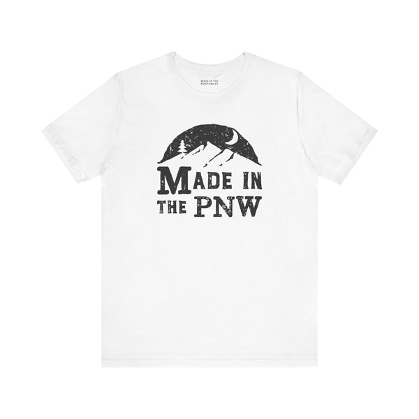 Made in the PNW T shirt featuring a mountain graphic on a white tee, perfect for Pacific Northwest enthusiasts.