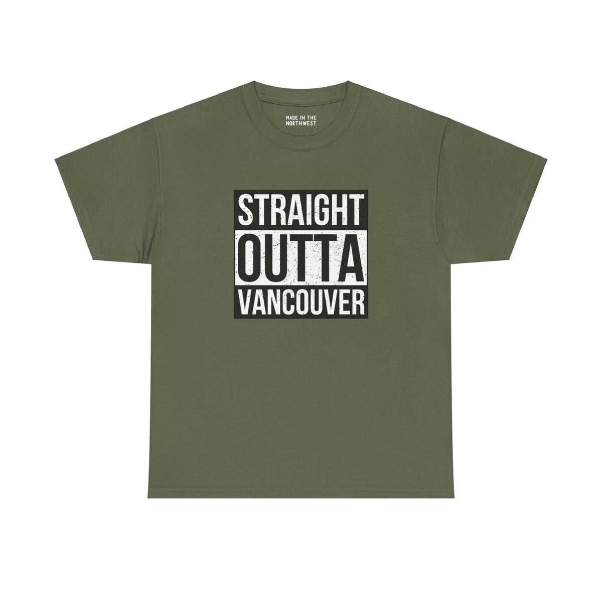 Olive green "Straight Outta Vancouver" athletic tee with bold text design.