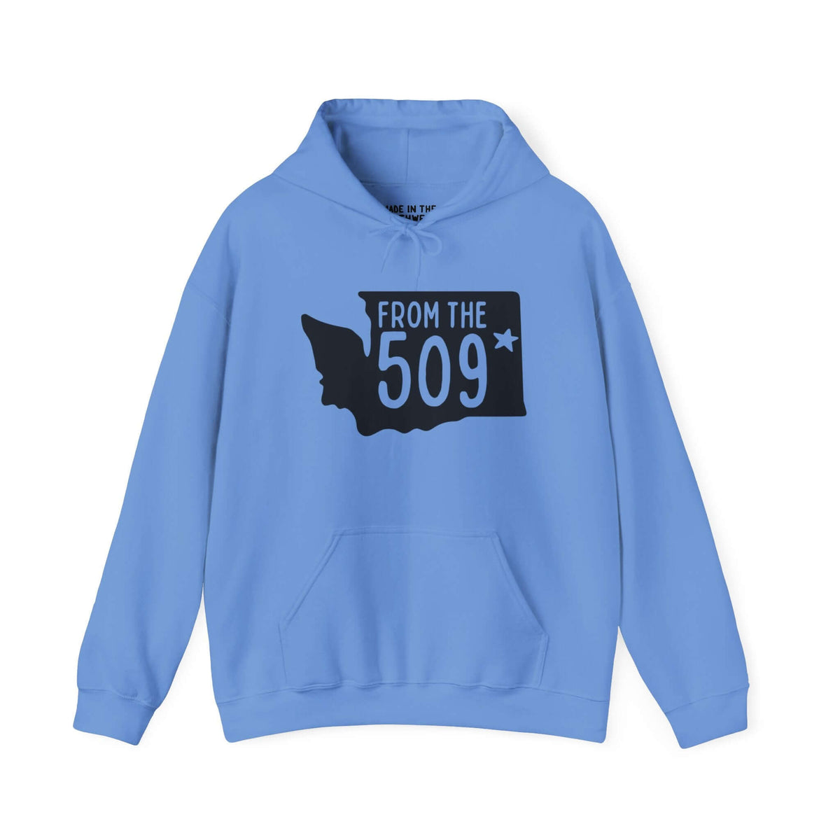 Blue "From the 509" hoodie with Washington state silhouette featuring a star on Spokane, showcasing local pride and hometown style.