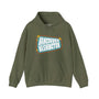 Retro Vancouver Sign Hoodie with 50s-inspired design and bold colors on olive green fabric.