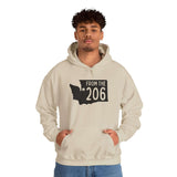 From the 206 Seattle hoodie featuring Washington state outline and star, perfect for cozy PNW living.