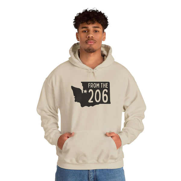 From the 206 Seattle hoodie featuring Washington state outline and star, perfect for cozy PNW living.