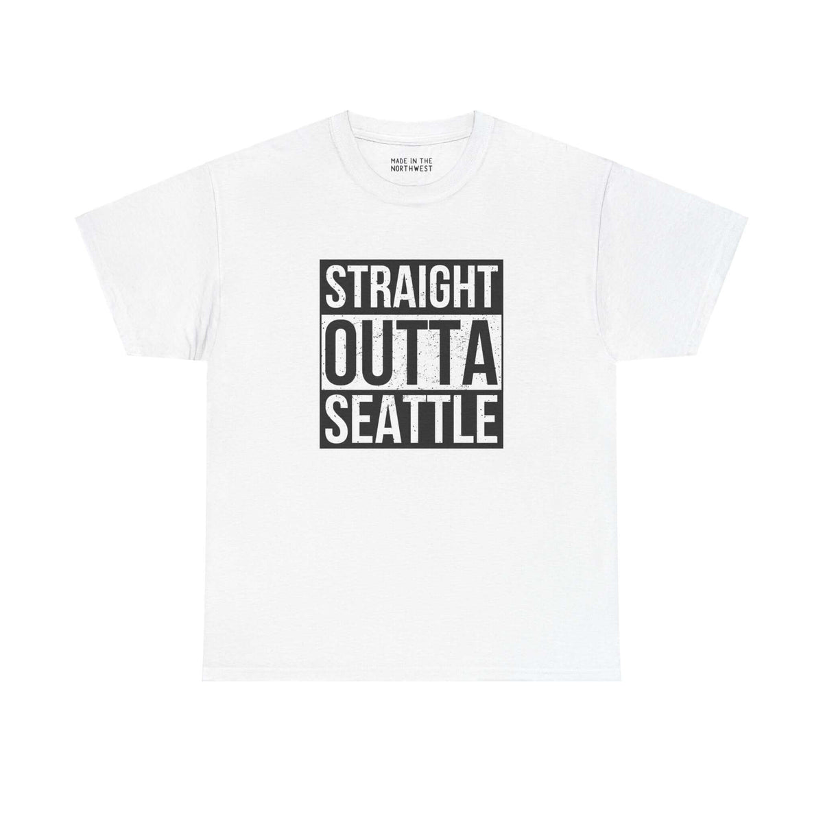 White t-shirt with "Straight Outta Seattle" bold black text, combining classic streetwear style with Seattle pride.