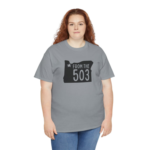 Woman in gray From the 503 Oregon state athletic tee, celebrating Portland's unique charm.
