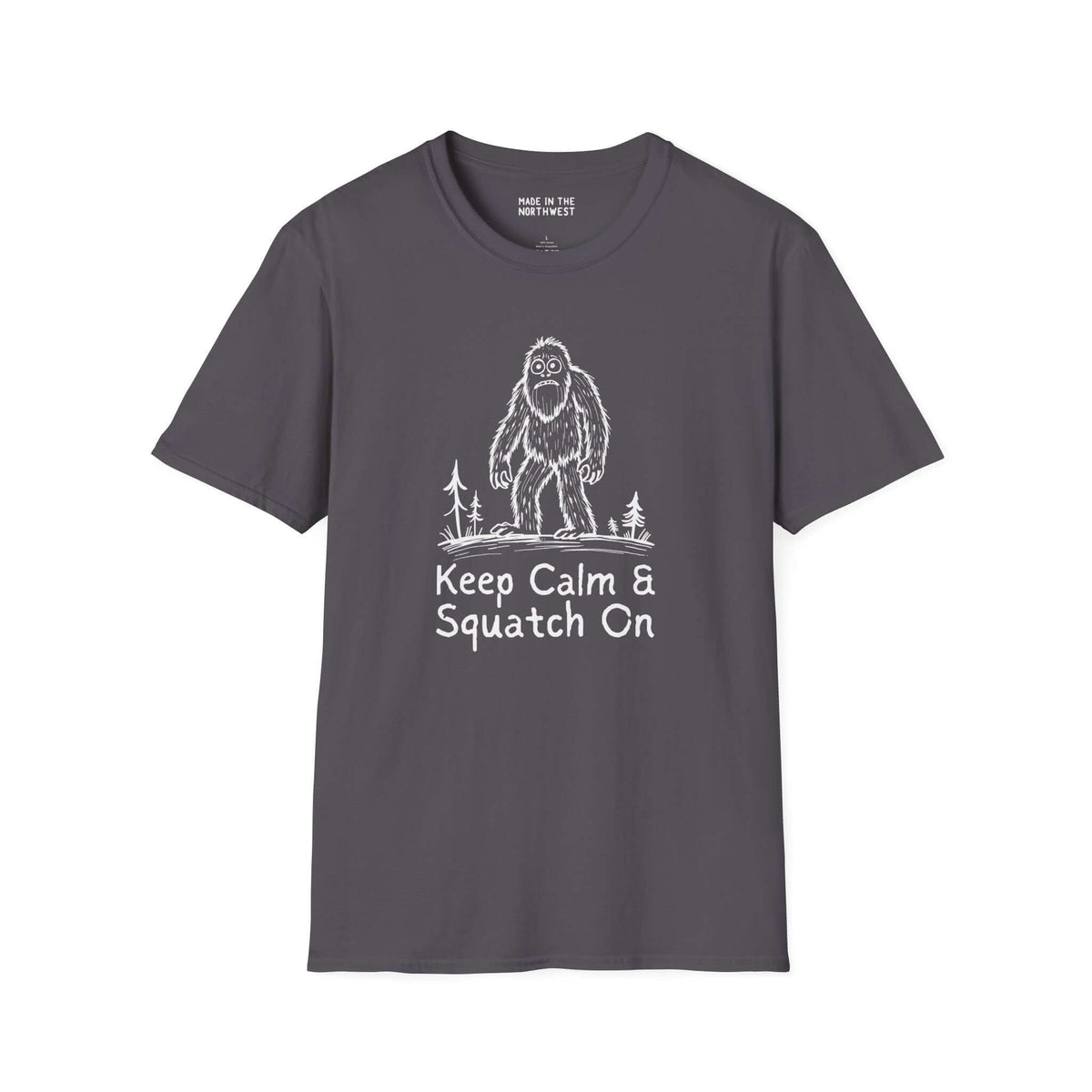 Keep Calm & Squatch On Bigfoot graphic t-shirt for Sasquatch enthusiasts, charcoal color, perfect for outdoor adventures.