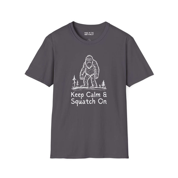 Keep Calm & Squatch On Bigfoot graphic t-shirt for Sasquatch enthusiasts, charcoal color, perfect for outdoor adventures.