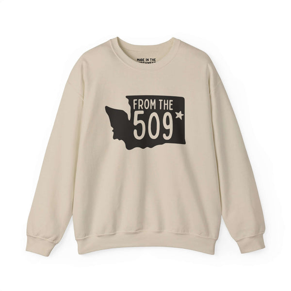 "Beige sweatshirt with 'From the 509' design featuring Washington state silhouette and star marking Spokane area code pride"