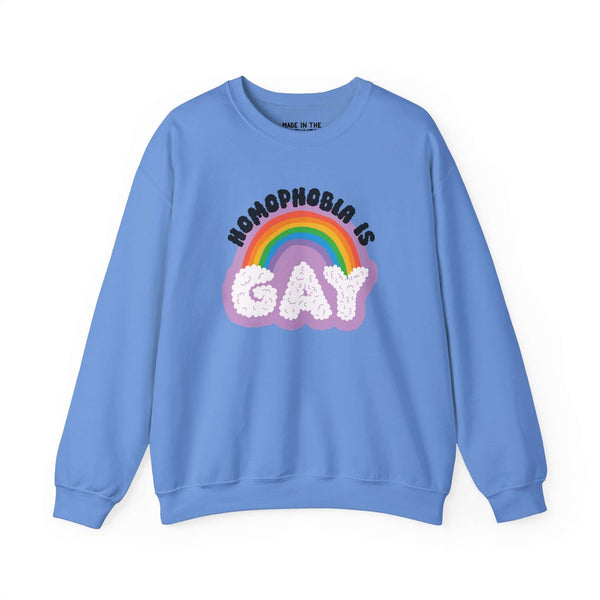Homophobia Is Gay sweatshirt featuring rainbow and cloud design, perfect for pride and style.