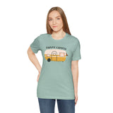 Happy Camper Adventure Premium Soft Tee featuring a vintage camper design, perfect for road trips and camping.