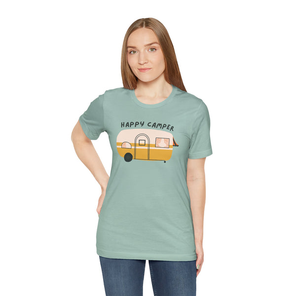 Happy Camper Adventure Premium Soft Tee featuring a vintage camper design, perfect for road trips and camping.