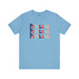 Bold blue Portland tee featuring colorful block letters, ideal for locals and fans of the city.
