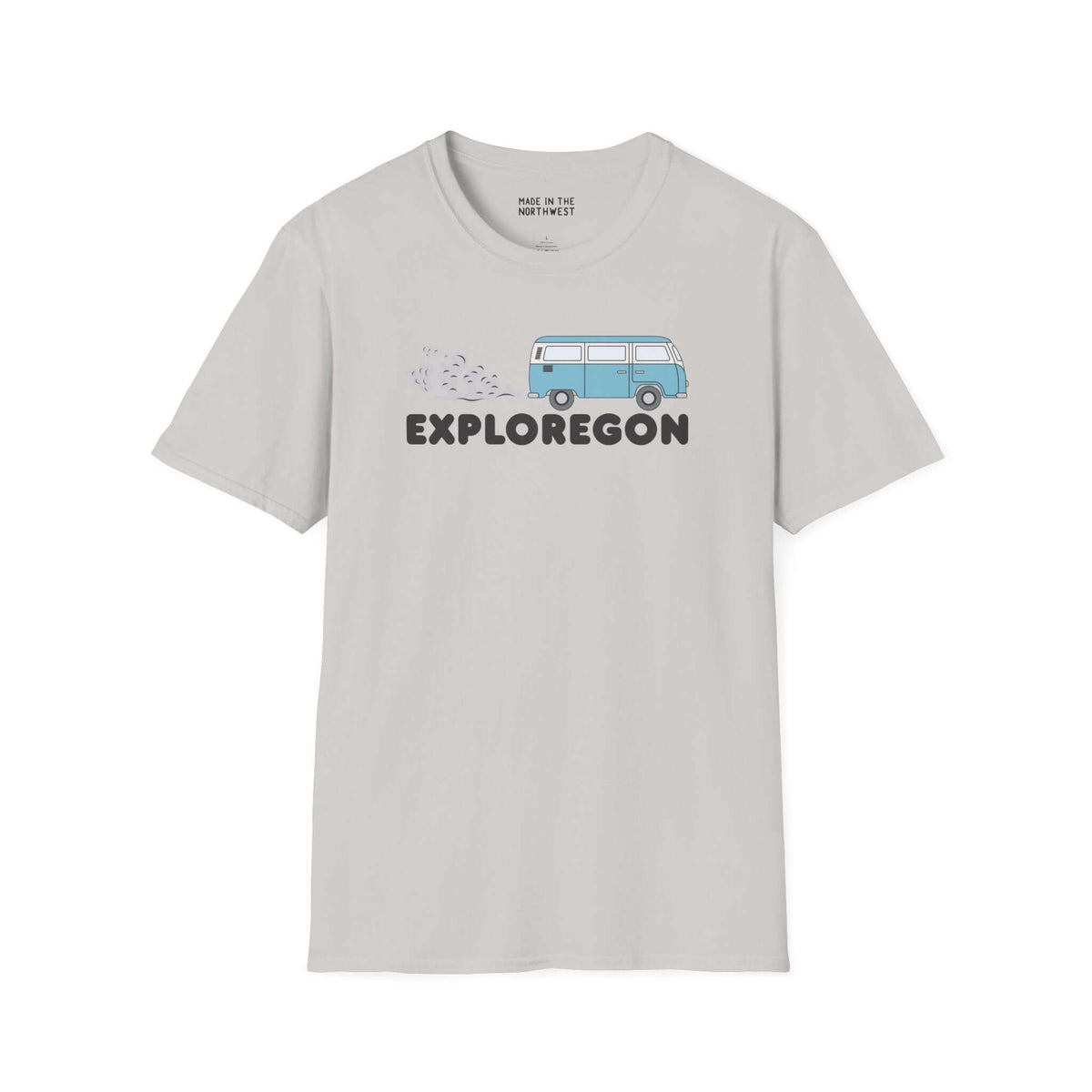 Exploregon Adventure Van Softstyle T-Shirt featuring a retro van design and bold lettering for adventure lovers.