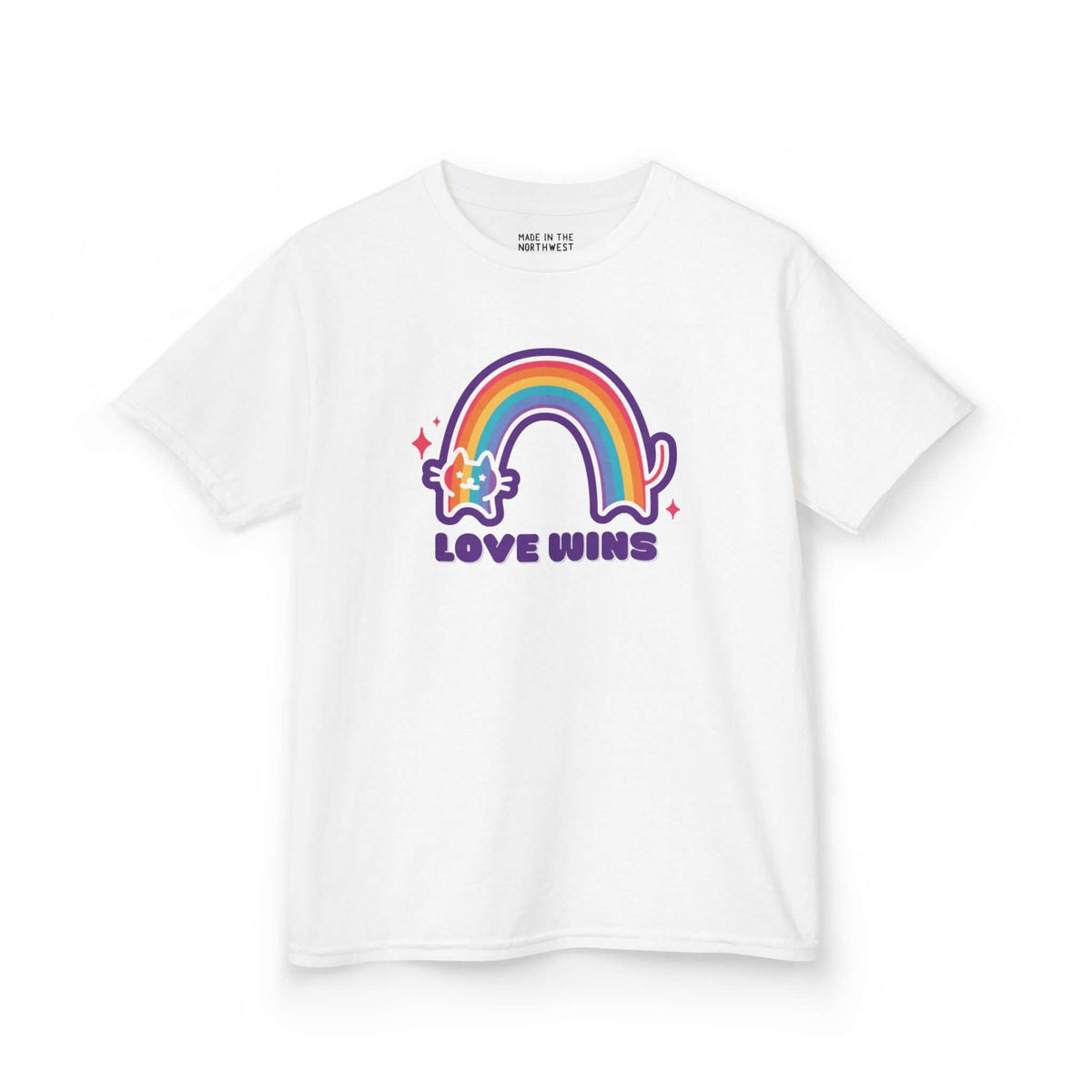 Love Wins Rainbow Heavy Cotton Kids' Tee with colorful rainbow and cat graphic, perfect for everyday wear.
