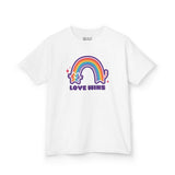 Love Wins Rainbow Heavy Cotton Kids' Tee with colorful rainbow and cat graphic, perfect for everyday wear.