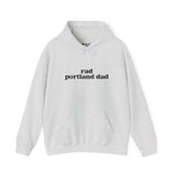 Gray hoodie with 'rad portland dad' text, perfect for stylish Portland dads who love local culture.