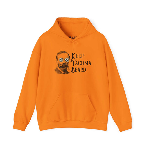 Keep Tacoma Beard hoodie in orange featuring a vintage-style bearded man with sunglasses, promoting 253 pride.