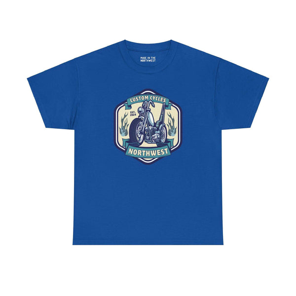 Custom Cycles Northwest athletic tee in blue, featuring a motorcycle graphic for motorcycle enthusiasts. Classic unisex fit tee.