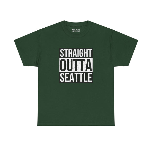 Green "Straight Outta Seattle" athletic tee with bold white lettering showcasing local pride and streetwear style.