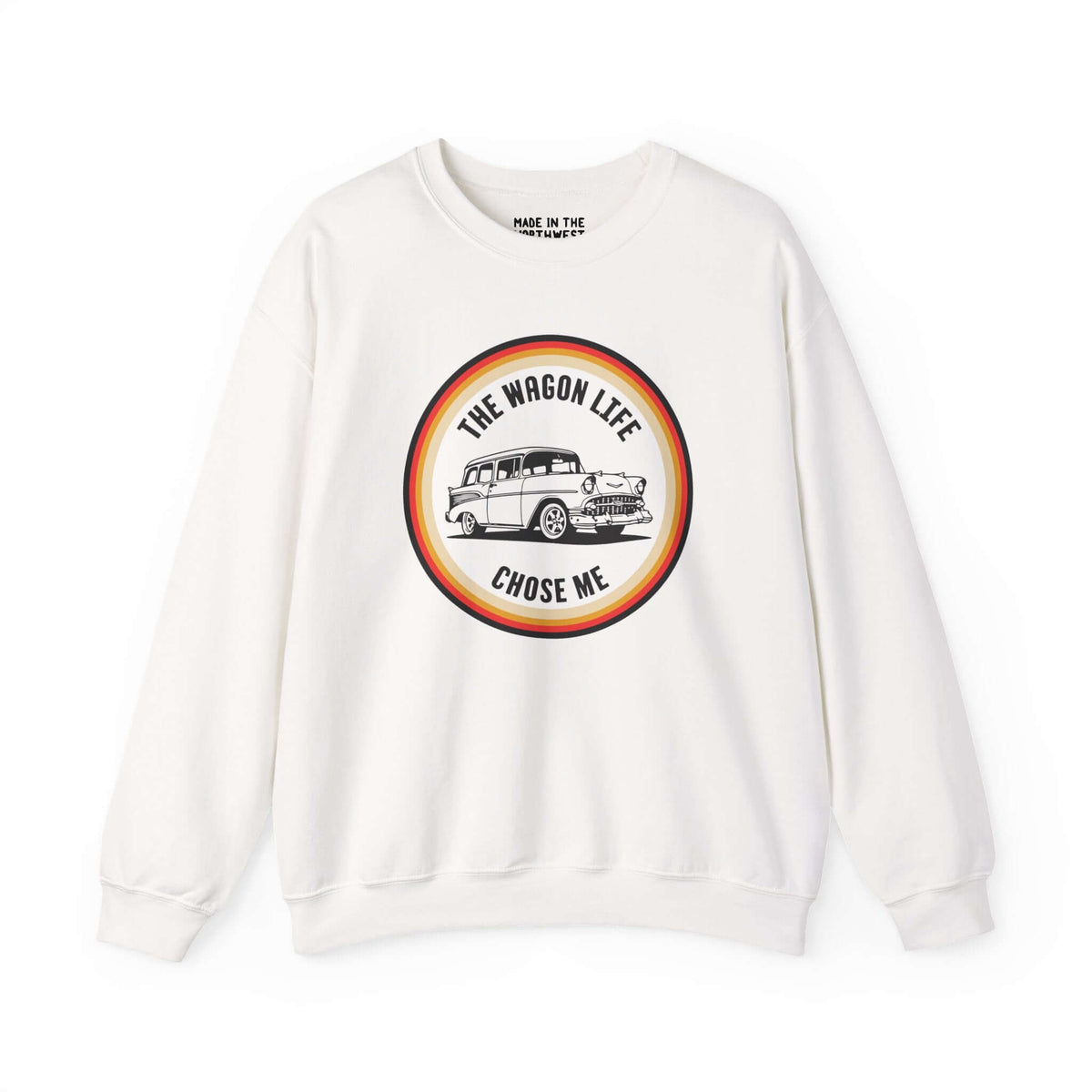 Cozy sweatshirt featuring the retro Chevy Nomad design, promoting the wagon lifestyle with style.